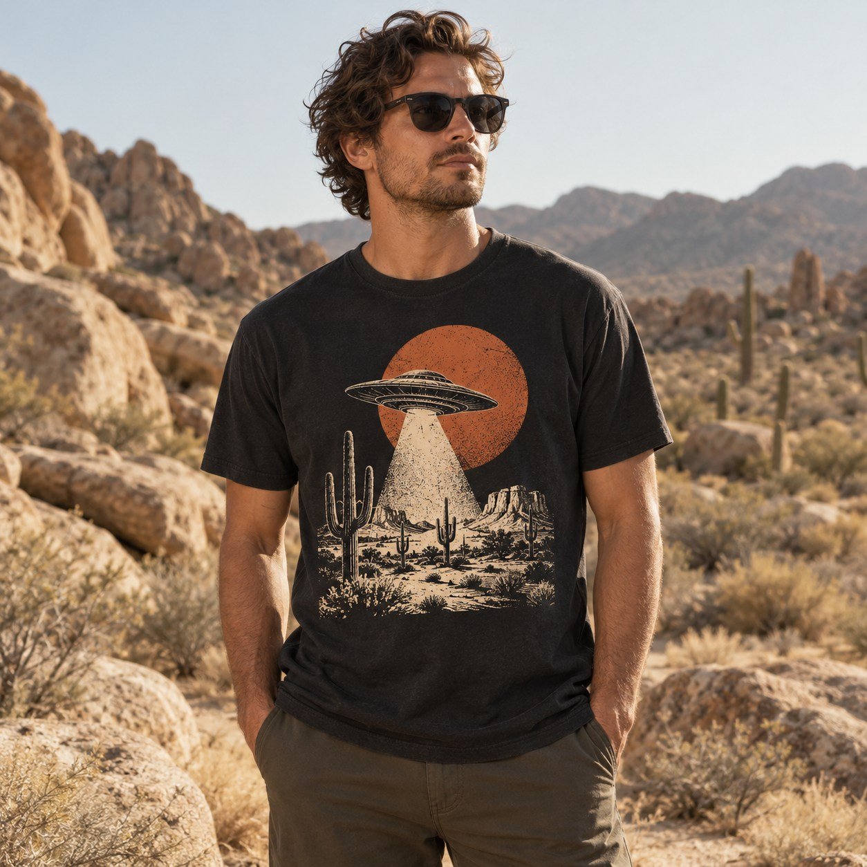 Model wearing a charcoal UFO graphic T-shirt in the desert — concept image